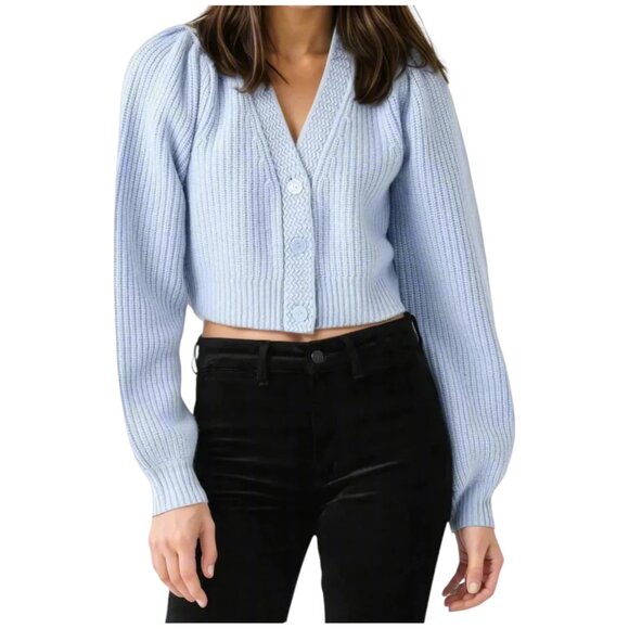 LoveShackFancy Avignon Baby Blue Crop Cardigan XS Wool Cashmere Knit Sweater - Picture 2 of 10